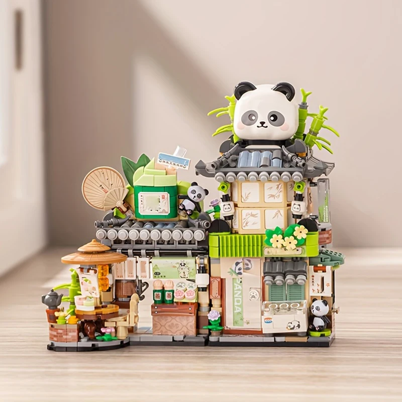 Mini bloques de construcción de casa de té, adornos de Panda lindo, Escena de calle de la ciudad, montaje de tienda plegable, juguetes para adultos