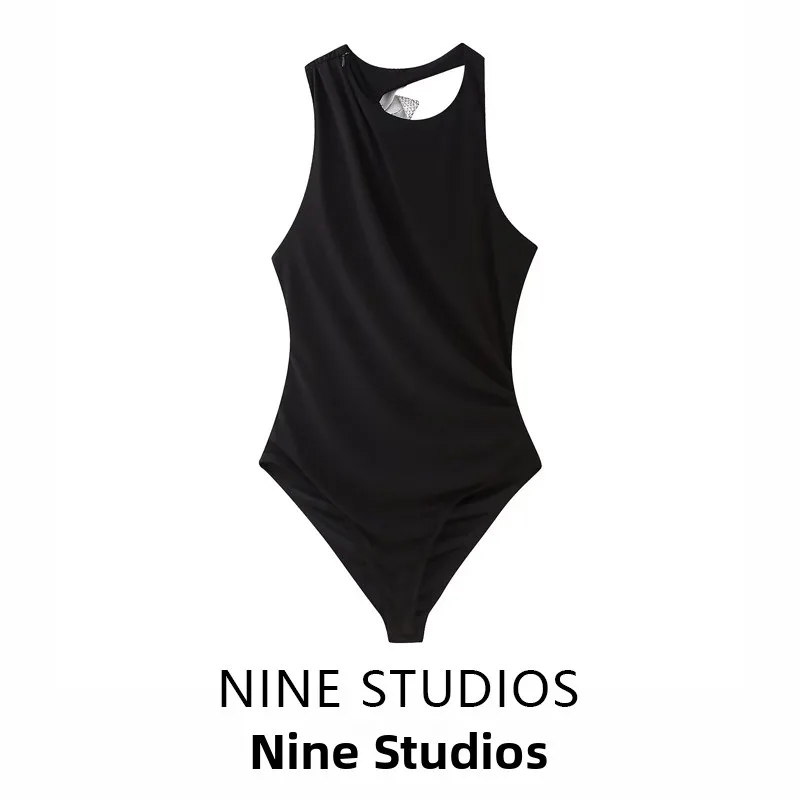 

NINE ZA Women's Jeweled Knot Hollow out Slimming Sexy One-Piece Suit High Waist Straight Cut Polyester Fiber
