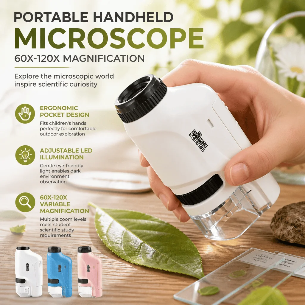 Kids Microscope Portable Pocket Microscope 60X-120X Handheld Mini Children Educational Science Toy LED Light Phone Camera