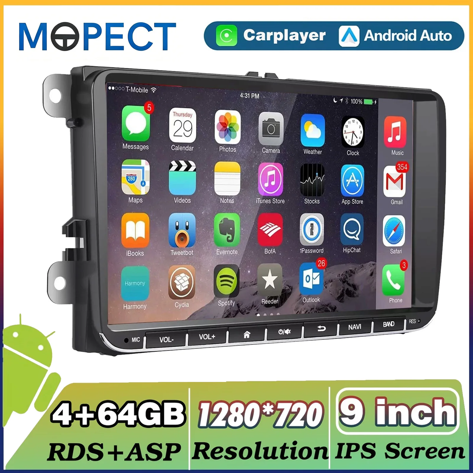 Lecteur multimédia automobile sans fil MOPECT Android 15 Carplay Auto, écran IPS, GPS WIFI, autoradio 9'' pour VW Passat Golf Polo Jetta Skoda MIC&AHD&DAB&DVR