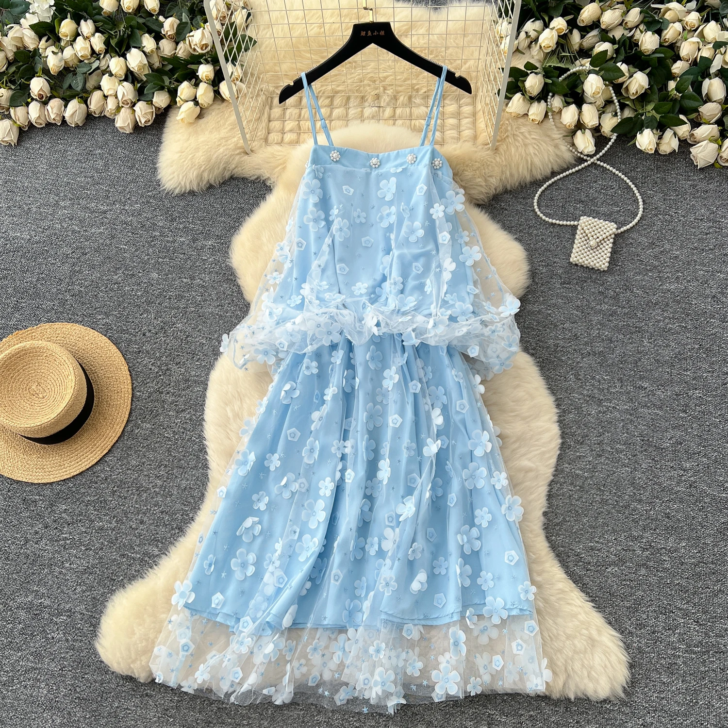 Chique vintage gesplitste mesh zoete elegante fee Koreaanse mode Boho zonnejurk dameskleding lange jurk