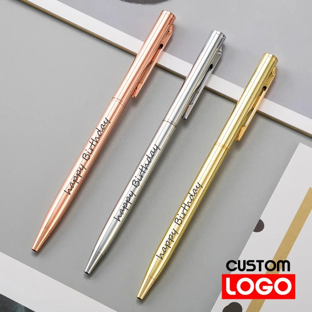 

50Pcs/Lot New Slim Metal Ballpoint Pens Rose Gold Custom Logo Advertising Lettering Engraved Name School Office Supplies Gifts