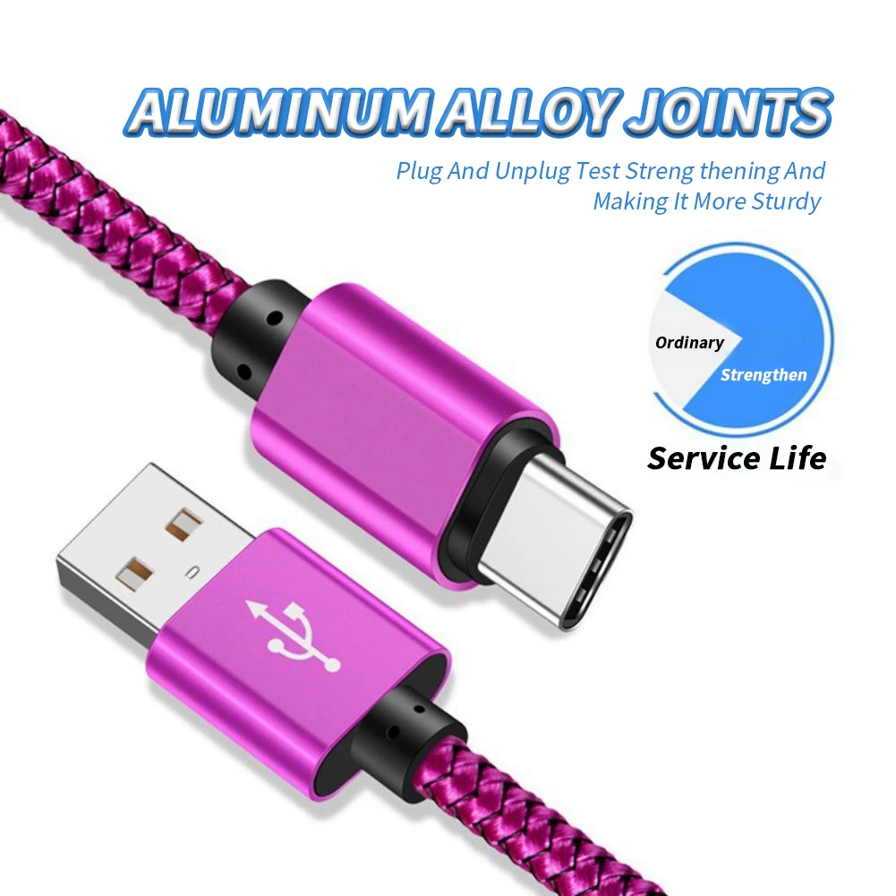 2m USB Type-C Cable 2A Aluminum Alloy Fast Charging Data Cable Nylon Braided Compatible For Ios Android Phones Tablets