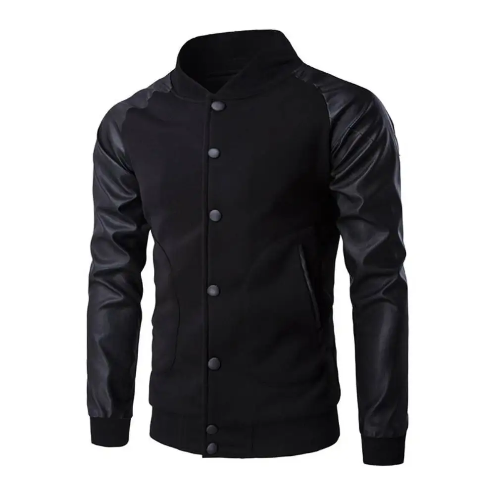 Casual Jackets Mens Black Pu Leather Raglan Sleeve Stand Collar Loose Outerwear Baseball Uniform Military Bomber Overcoat M-4X