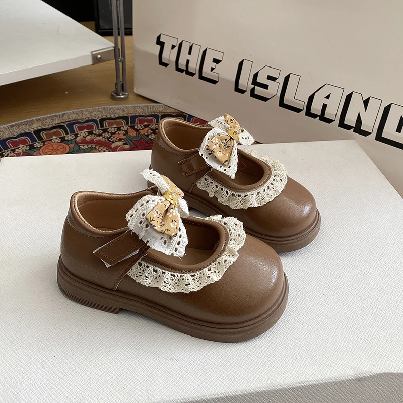 

2026 Spring and Autumn New Sweet Lace Bow Girls' Fashion Leather Shoes Children's Flat Shoes Round Head Casual Princess Shoes