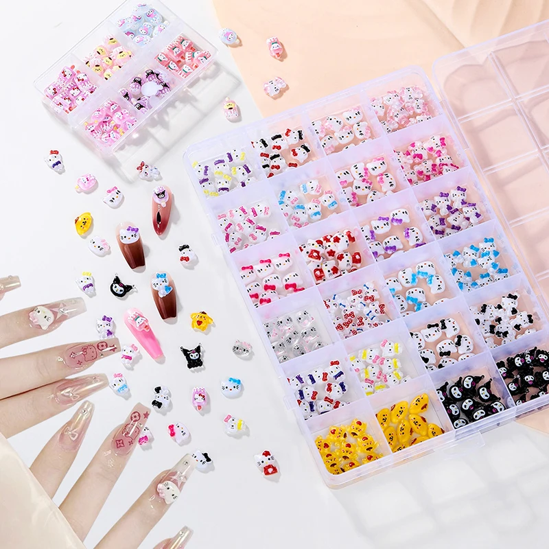 6/24 Grid Kawaii Sanrio Kuromi Hello Kitty Nail Charms Kit, Bling/Matte Flatback Resin Design For Nail Phone Case Har Clip Diy