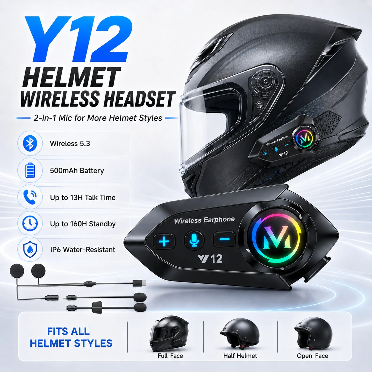 Y12 Dual Mic Motorcycle Helmet Headset, Waterproof Wireless Hands-Free Call MP3 Music Player Speaker Earphone