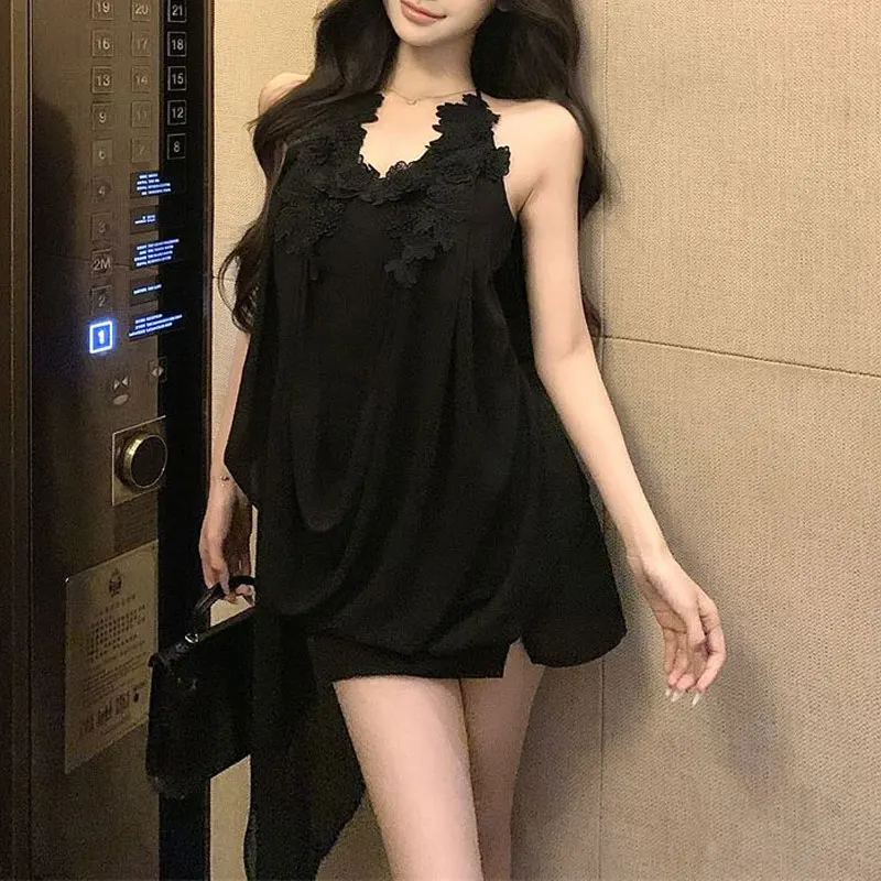 Summer Lace Patchwork Halter Drawstring Dresses A-Line Women's Clothing Loose Solid Color Sleeveless Elegant Backless Mini Dress