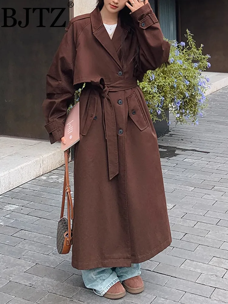 

BJTZ Fashionable Brown Windbreaker Jacket For Women 2025 Spring Autumn New Loose Solid Color Office Lady Female Trench Coat
