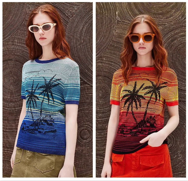 

Spanish original desig original single slim fit striped coconut tree jacquard short sleeved women's knitted sweater