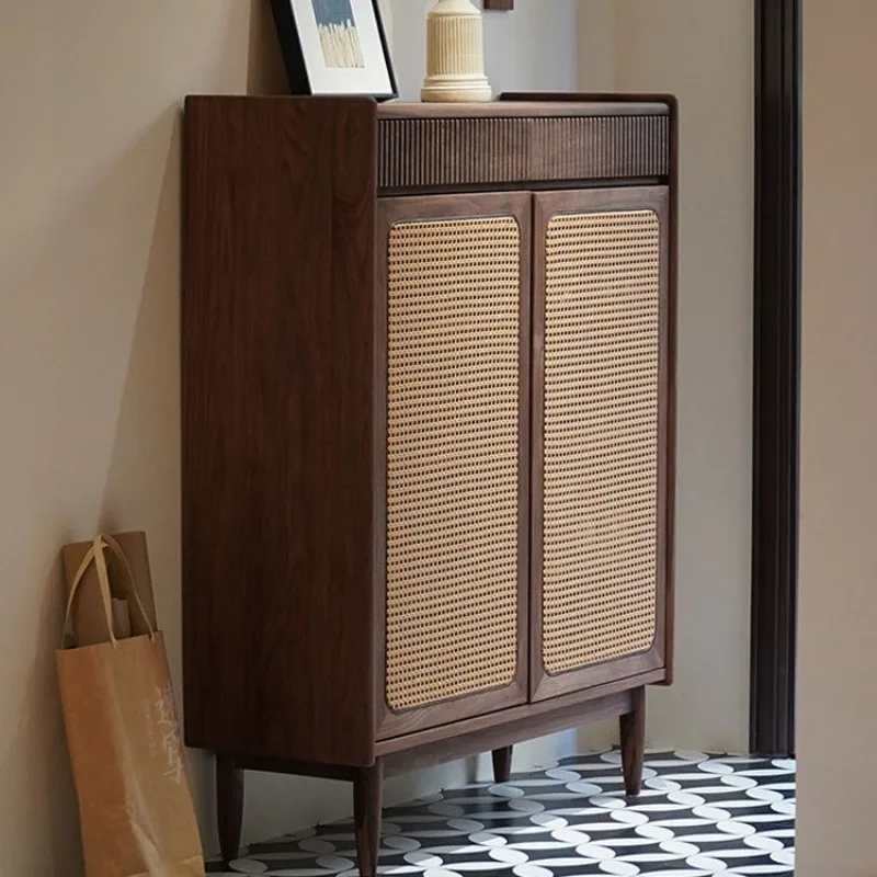 

Black walnut rattan shoe cabinet integrated with household door, small apartment with solid wood entrance