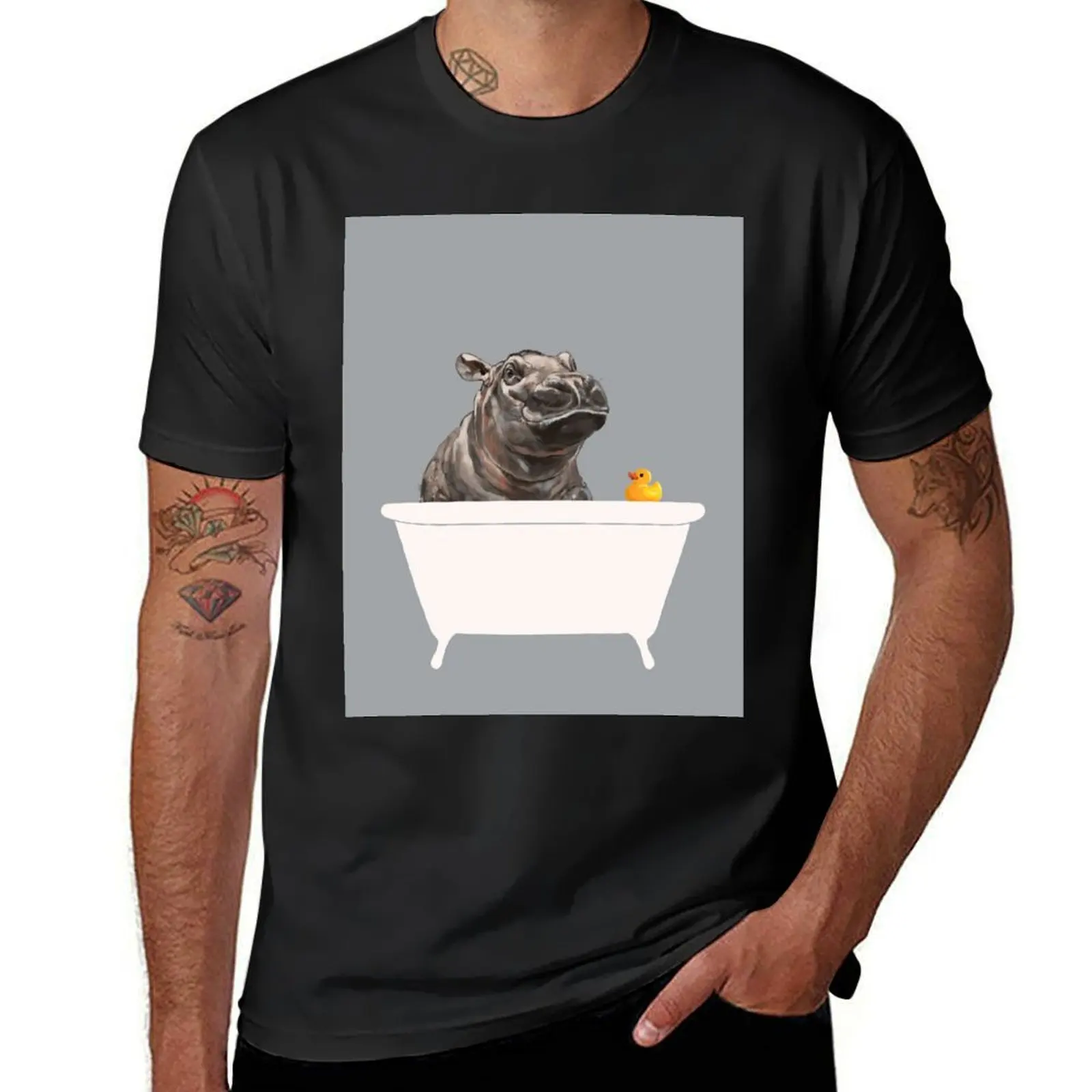 Baby Hippo in Bathtub Grey T-Shirt anime oversizeds for a boy oversized t shirts for men