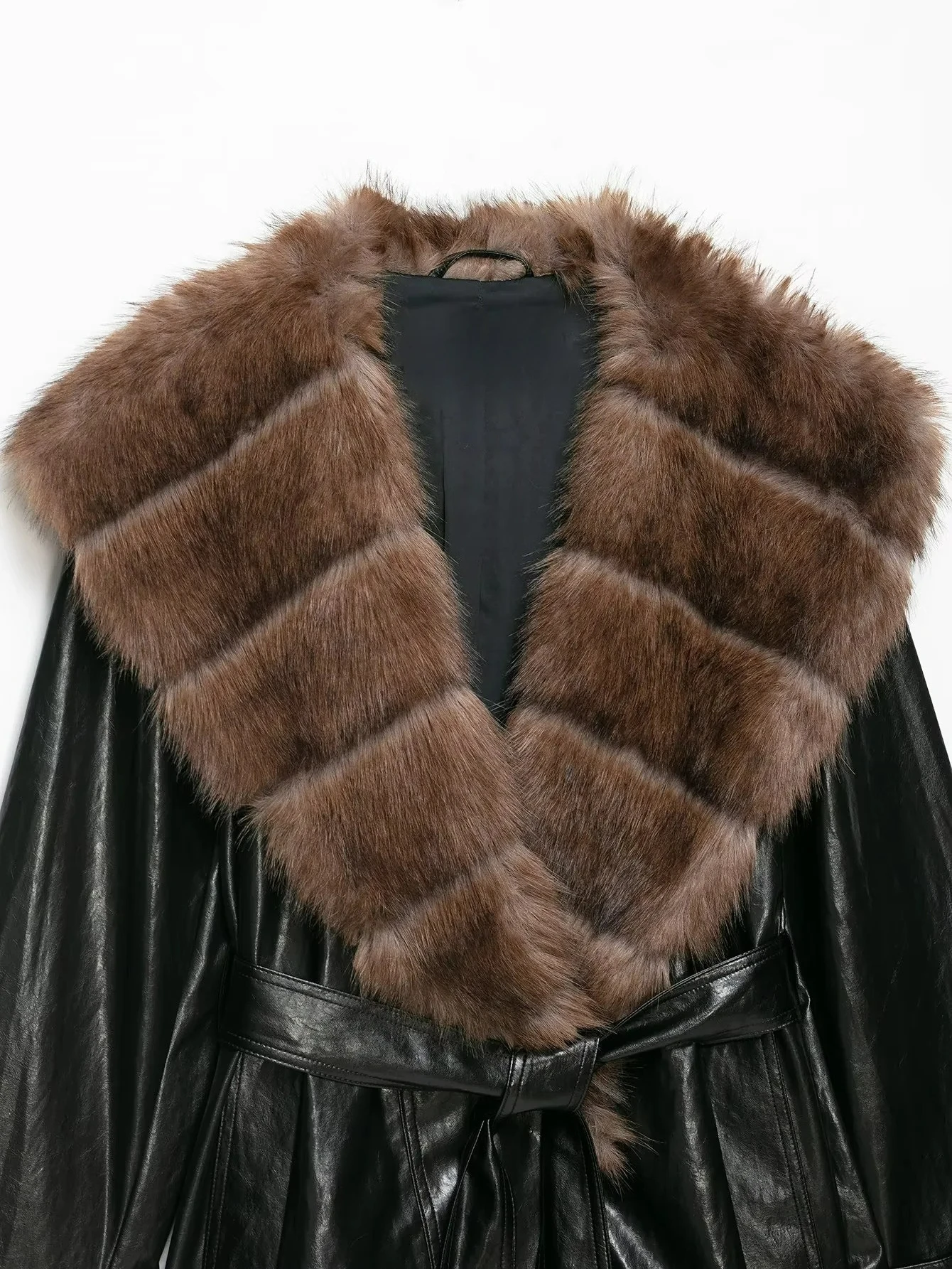 KONDALA Women Chic Faux Fur-Collar Spliced PU Leather Coat 2026 Fall Winter Trendy High Street Vintage Elegant Belt Jacket Coat