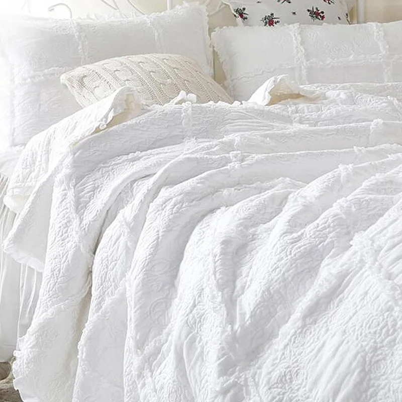

Elegant White Embriodered Quilt Set 3pcs King Queen Size 100% Cotton Quilted Bedspread Coverlet Set for Home Decor