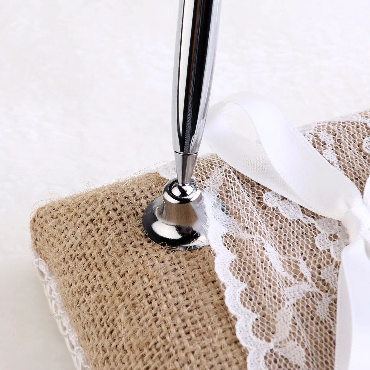 

Vintage Burlap Lace Rustic Signing Pen with 360 Degree Rotating Base for Wedding Guest Book Bridal Engagement Party Celebration
