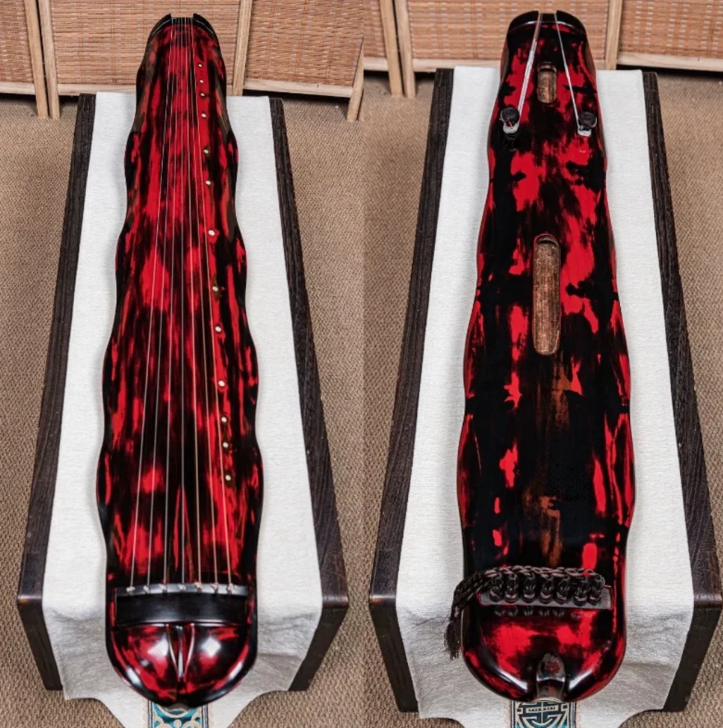 Banana Leaf Style Guqin Aged China Fir Wood Pure Raw Lacquer Polished Finish Red Transparent Black Surface Traditional Chinese S