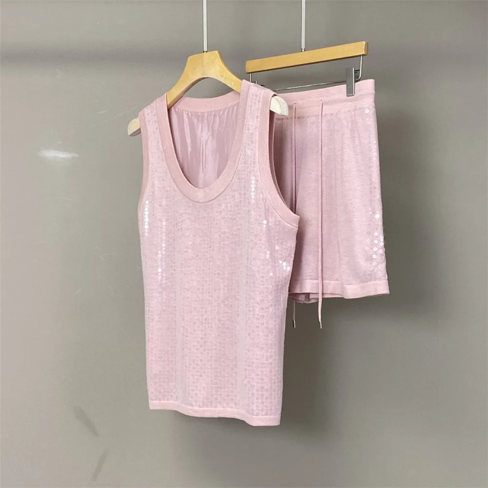 

25 Spring/Summer New Women's Fashionable Sequin Sleeveless Vest Top+Casual Versatile Shorts Two-Piece Set