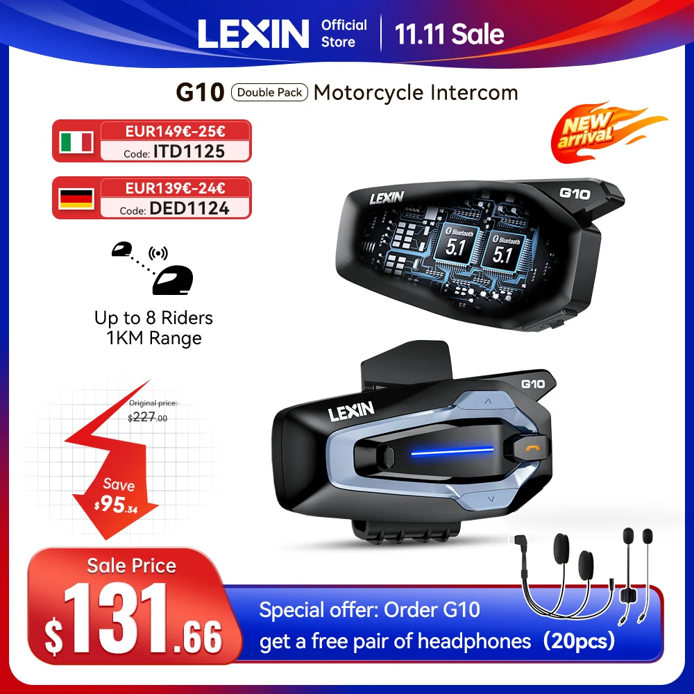 NEW-LEXIN G10 Motorcycle Helmet Intercom, 8 Riders Dual Qualcomm Bluetooth 5.1 Intercom, Parallel Audio- Intercom and Stream Mus