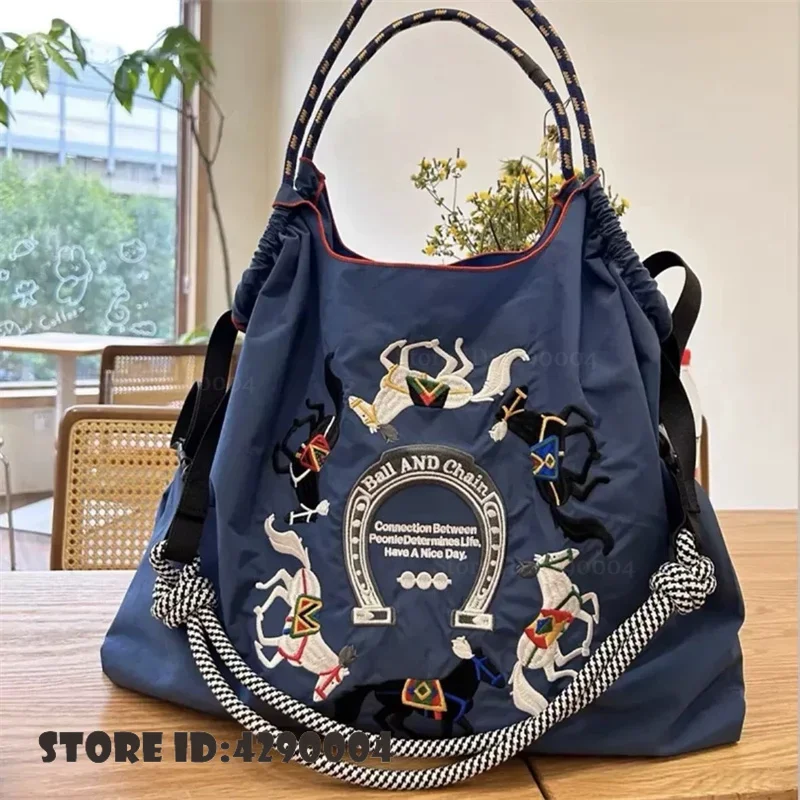 Japanese Style Large Capacity Tote Bag Shoulder Bag Horse Embroidery Shopping Bag Handbag Outdoor Beach Camping Travel Bags