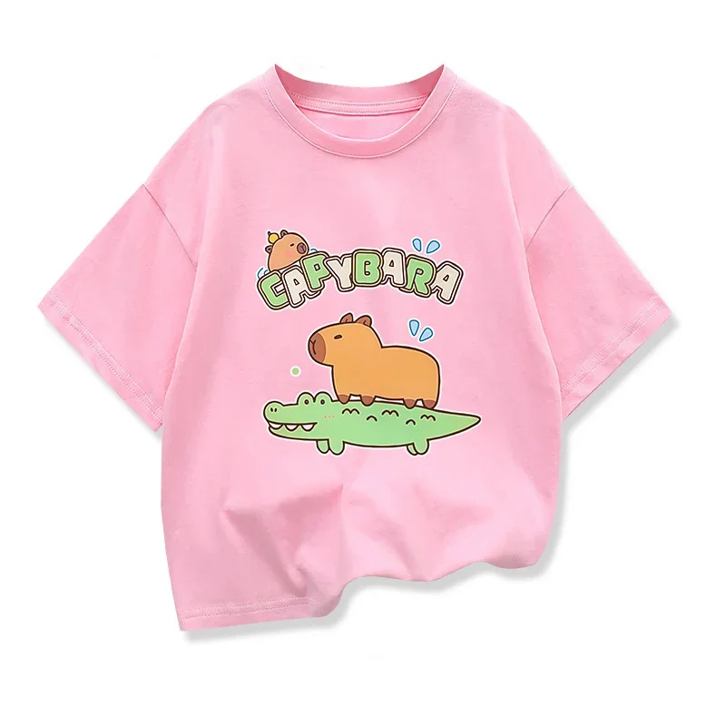 

2025 New Kapibara Kids Clothing Tees Summer Printed Cartoon Fashion Short Sleeve T-shirt Capibara Children Loose Casual Tops