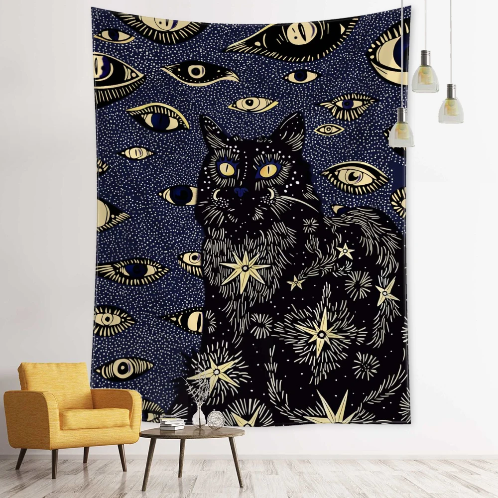 Black Scary Eyes Cat Tapestry Wall Hanging Abstract Psychedelic Witchcraft Bohemian Dormitory Living Room Home Decor