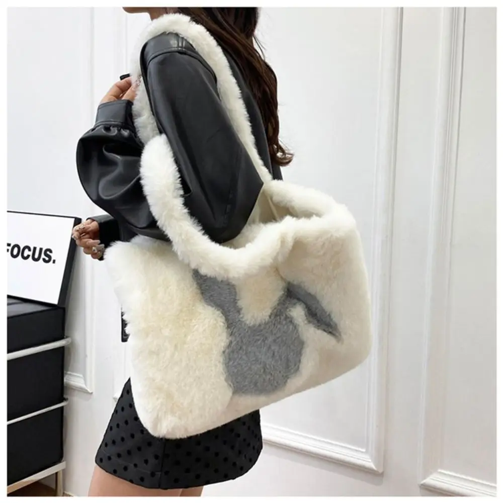 

Casual Faux Fur Shoulder Bag Soft Rabbit Print Fuzzy Tote Bag Large Capacity Furry Fluffy Shopper Handbag Women Use