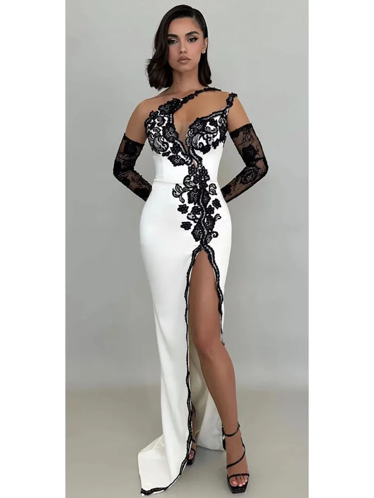 Women Celebrity Sexy One Shoulder Lace White Maxi Long Bodycon Bandage Dress 2024 Elegant Evening Club Party Outfit