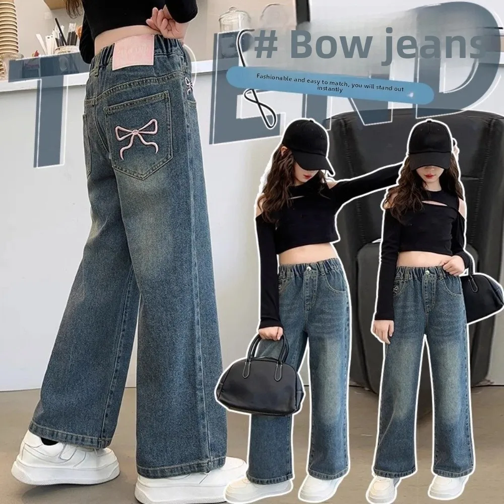 

Ins Bowknot Jeans Loose High Waist Children Y2K Jeans Cowboy Pants Wide Leg Little Girls Denim Trousers Streetwear