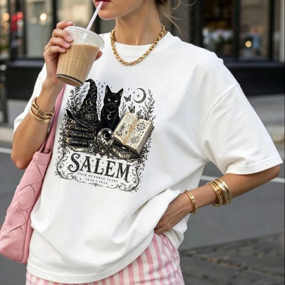 Salem Black Cat Witch Hat Graphic T-shirt Vintage Witchy Moon Spell Book Floral Butterfly Halloween Gothic Witch Lover Tees Tops