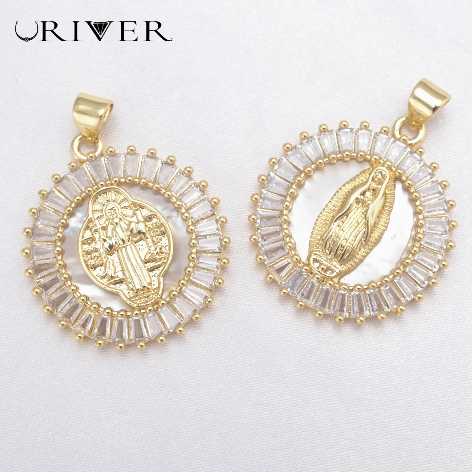 LJRIVER 2Pcs Round Virgin Mary Necklace Pendants for Woman Brass Shell DIY Charm Pendant Religious Handmade Accessories Material