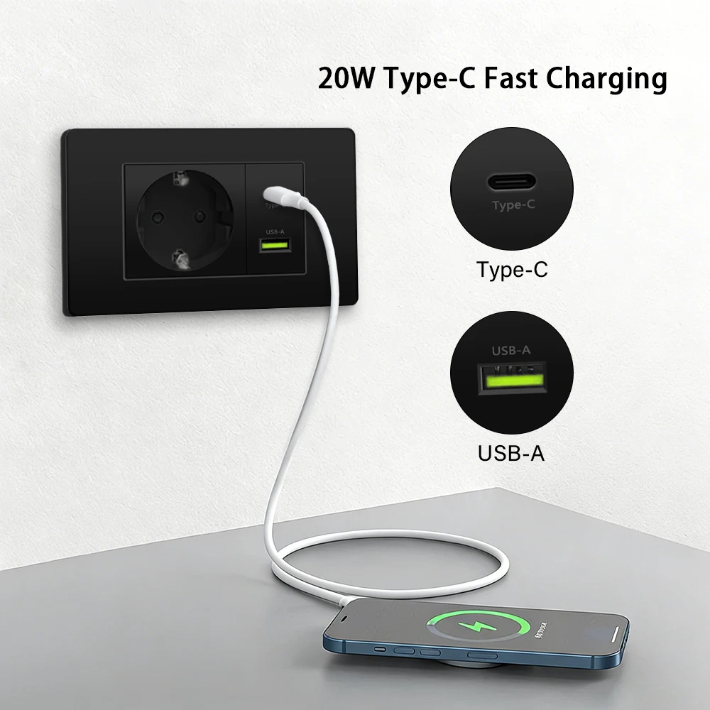 EU Korea Standard Electrical Outlet 220V Wall Light Power Switch,with USB Type-C 20W Smart Fast Charging Socket PC Panel TV TEL