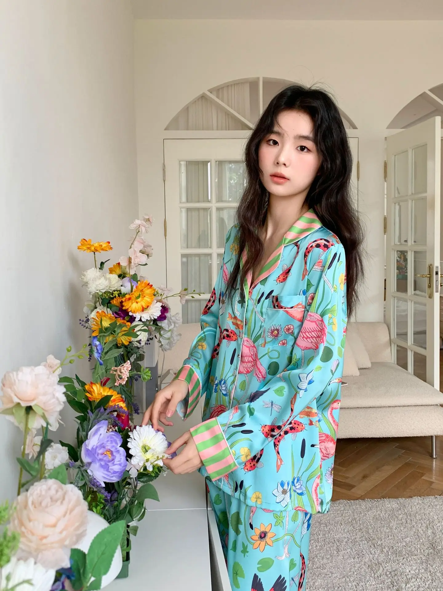 Satin Women Pajamas Silk Printing Lapel Button Shirt With Trousers Pajama Set Pyjama Sleepwear Pijama Loungewear Soft Nightwear