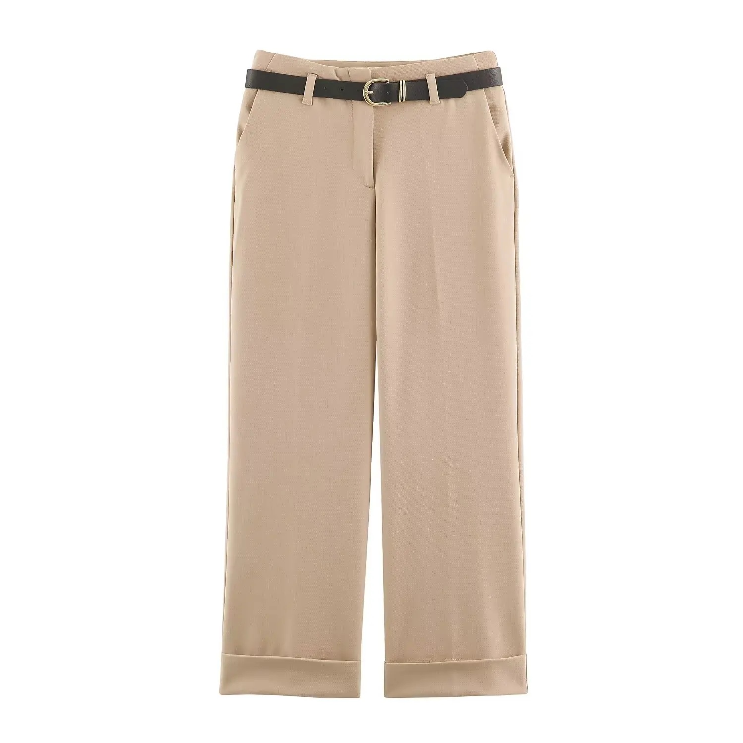 Minimalist Versatile High Waist Straight Leg Cuffed Pants with Belt 2026 Fall New Women Casual Office Trousers Pants