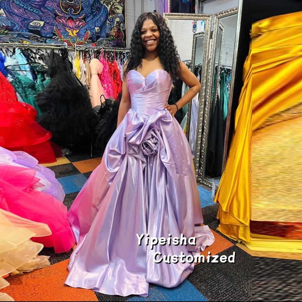 

Graceful Purple Strapless A Line Prom Gowns Satin Sleeveless Tiered Formal Party Gown Floor Length Evening Dress Customized