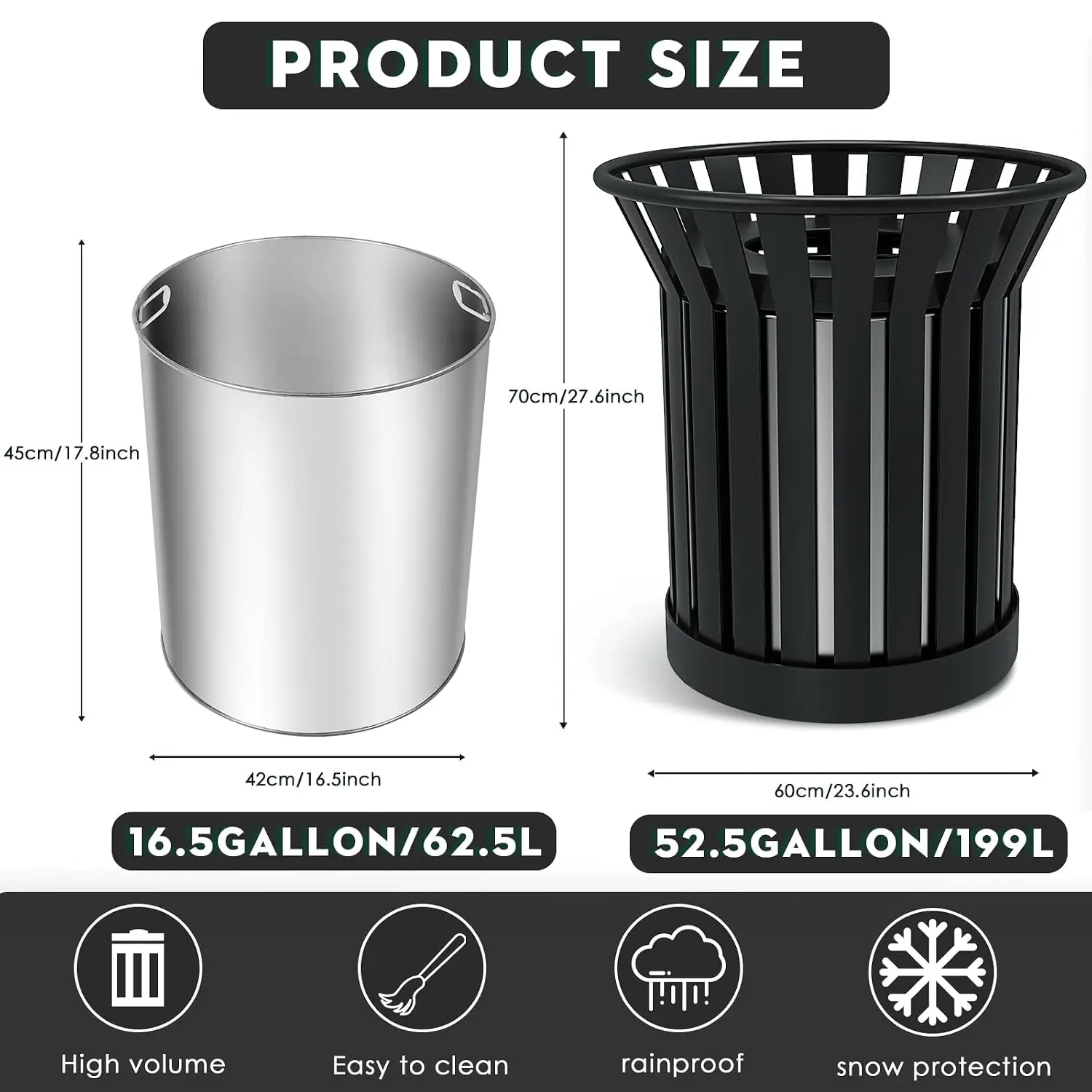 27.6IN Round Large Outdoor Trash Can, Heavy Duty Metal Slatted Garbage Can Outdoor, All Weather Resistant Commercial Garbage Can