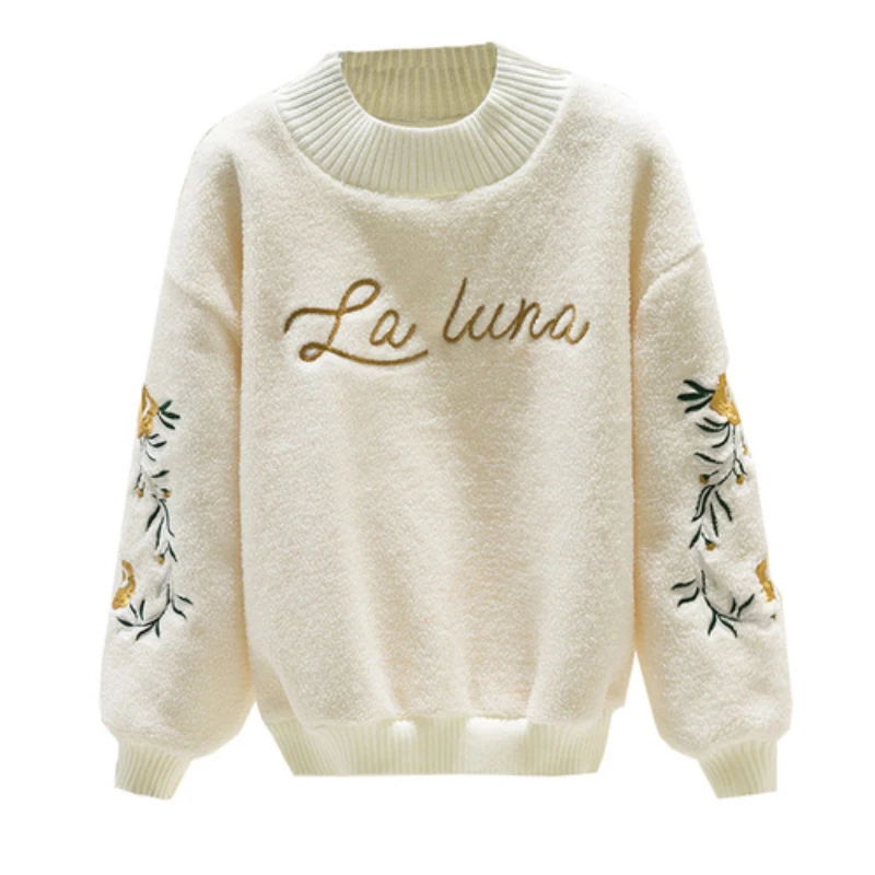 Fall Winter O-Neck Lambswool Pullovers Women\'s Floral Letter Embroidery Loose Sweatshirts Ladies Fleece Thick Warm T-Shirt