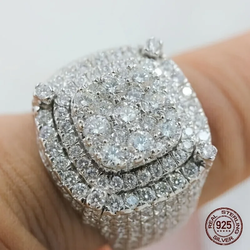 3Ct الرجال 925 فضة العنقودية خاتم الخطوبة الفاخرة البلاتين مطلي ساحة الجليدية خارج الهيب هوب روك خواتم مجوهرات #1
