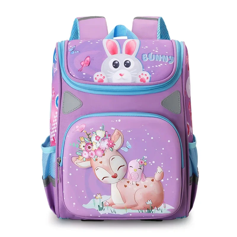 Cartoon Deer School Bags para meninas, Princess Purple Nylon Mochilas para crianças, Primária Estudantes Schoolbag, Kids Satchels, Bonito