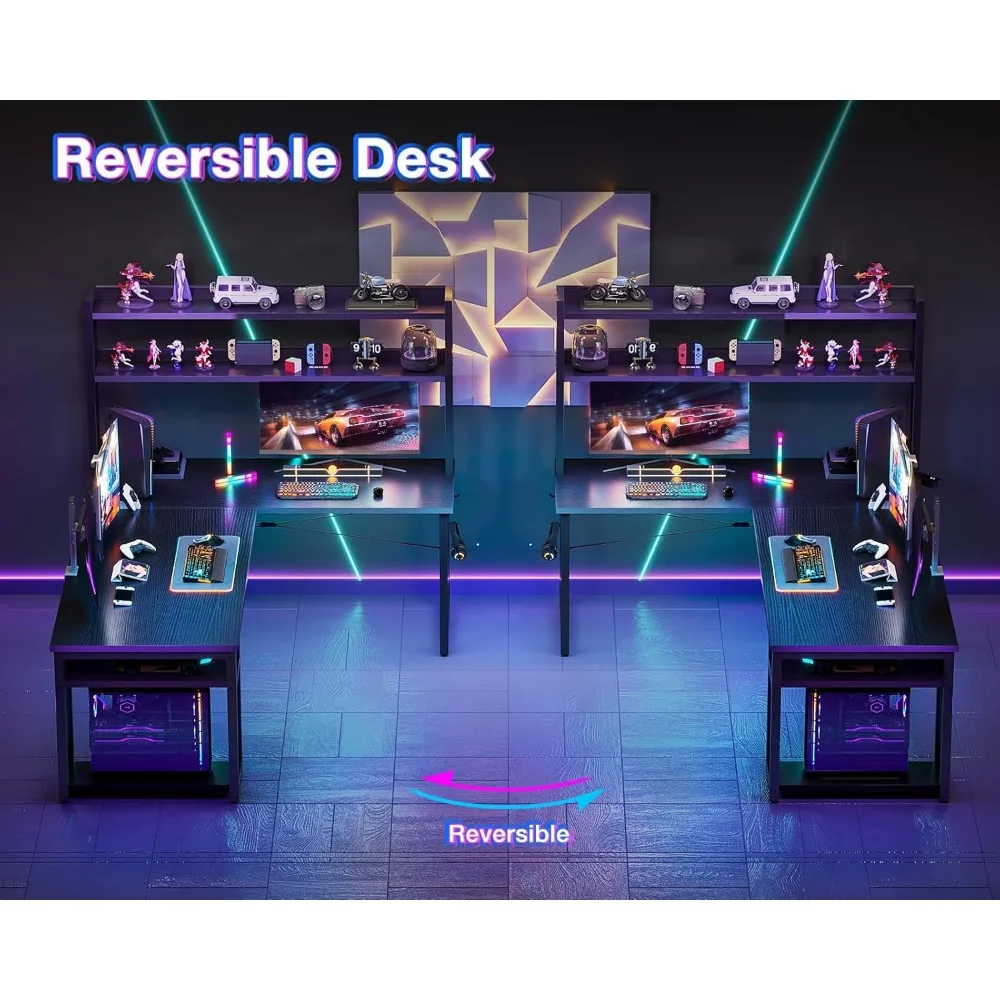 مكاتب ألعاب على شكل حرف L مع قفص، مكتب كمبيوتر مع أرفف تخزين، مكتب على شكل L 66 بوصة للمكتب المنزلي، مكاتب زاوية مع Hea