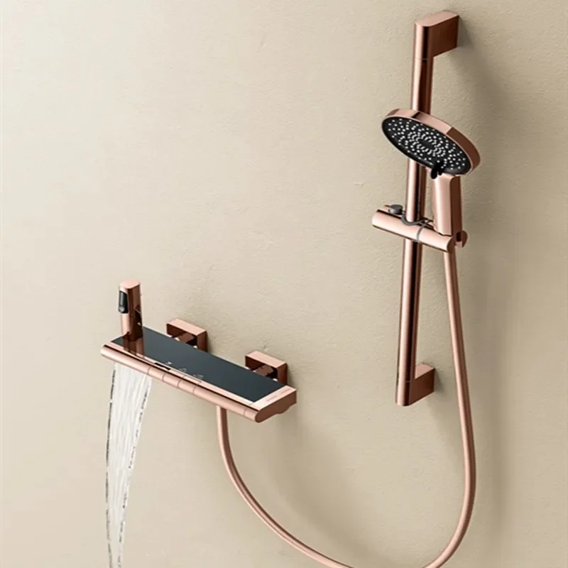 Rose Gold Bathtub Shower Set Wall Mounted Thermostatic Shower Faucet Brushed goid Bathroom Waterfall Bath & Shower Faucet Brass