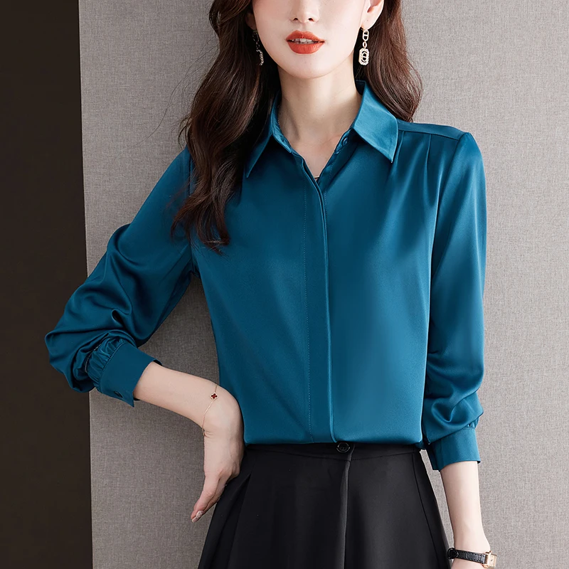 

Satin Women Shirt Basic Long Sleeve Blouse 2023 New Fashion Autumn Women Clothing Slim Casual Shirts Silk Solid OL Womens Tops