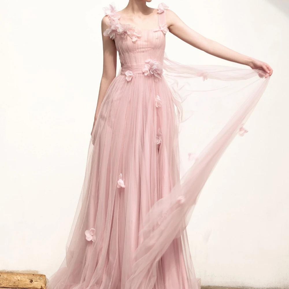 ESBRIDE Abito da sposa in tulle rosa di lusso 2025 Abito da sposa lungo a vita alta con scollo quadrato senza maniche impreziosito da fiori per le donne