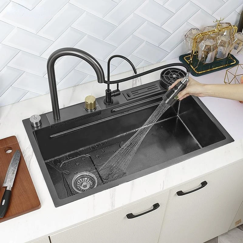 

304 Stainless Steel Kitchen Sink Waterfall Kitchen Sink Black Large Single Bowl With Multifunction Touch Waterfall Faucet