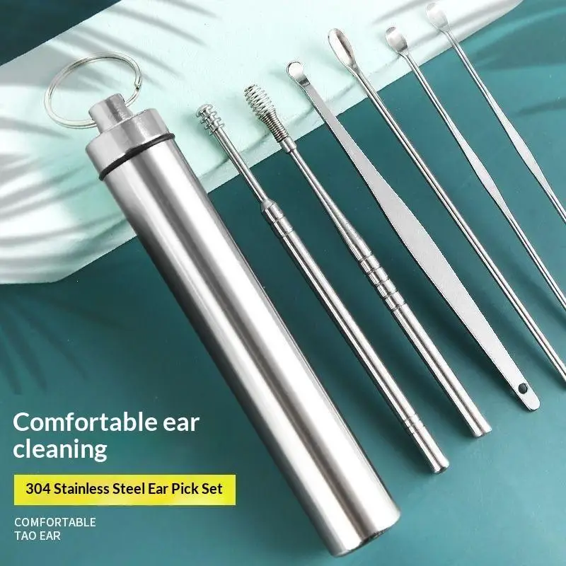 【B】6Pcs Ear Cleaning Ear Picking Earpick Set Convenient Portable Stainless Steel Ear Pick Tool Household For Adults