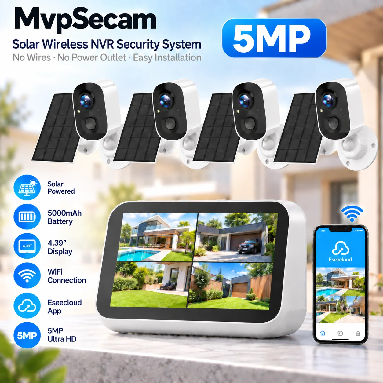 Smart 5MP 4.39 Inch Touch Screen 4CH Mini Wireless NVR Kit Security Solar Battery IP Camera Indoor/Outdoor WiFi EseeCloud System