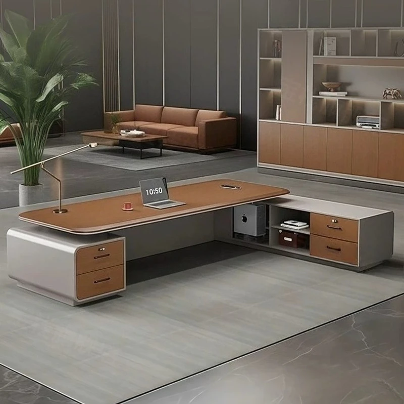 T*-Premium Modern Executive Desk with Built-in LED Light and Power Strip, Stylish Manager Workstation*-
