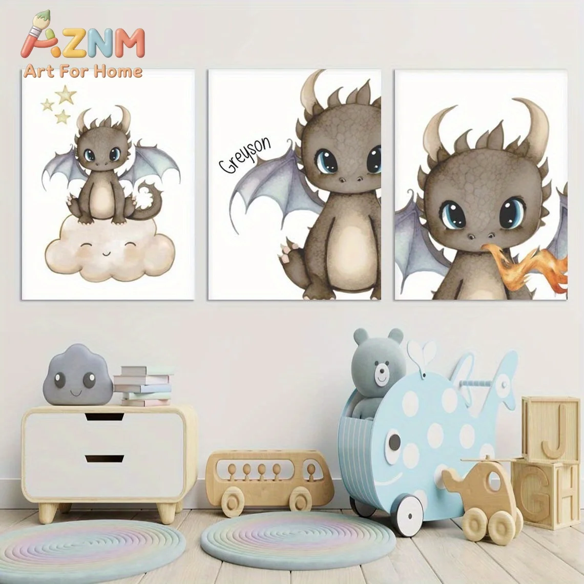 AZNM Lienzo decorativo de dragón bebé, arte de pared de dibujos animados, criatura de fantasía, nube, estrella, acuarela, pintura en lienzo sin marco para habitación infantil