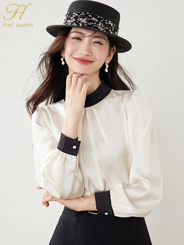 

H Han Queen 2025 Autumn Elegant Korean Chic Color block Simple Blouse Womens Loose Casual Vintage Shirts Long Sleeve Office Tops