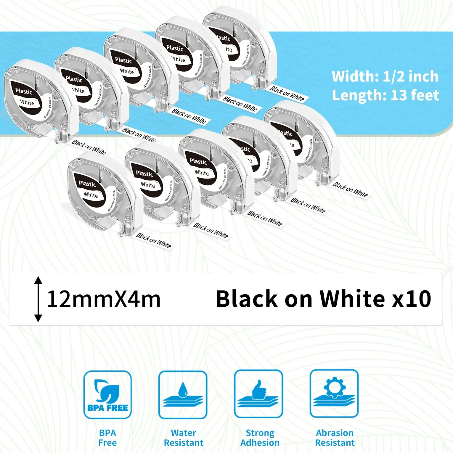 10Pack P12 Label Maker Tape Plastic Tape Compatible for DYMO LetraTag LT-100H LT-100T Plus Dymo 200B Printer Phomemo P12 P12pro