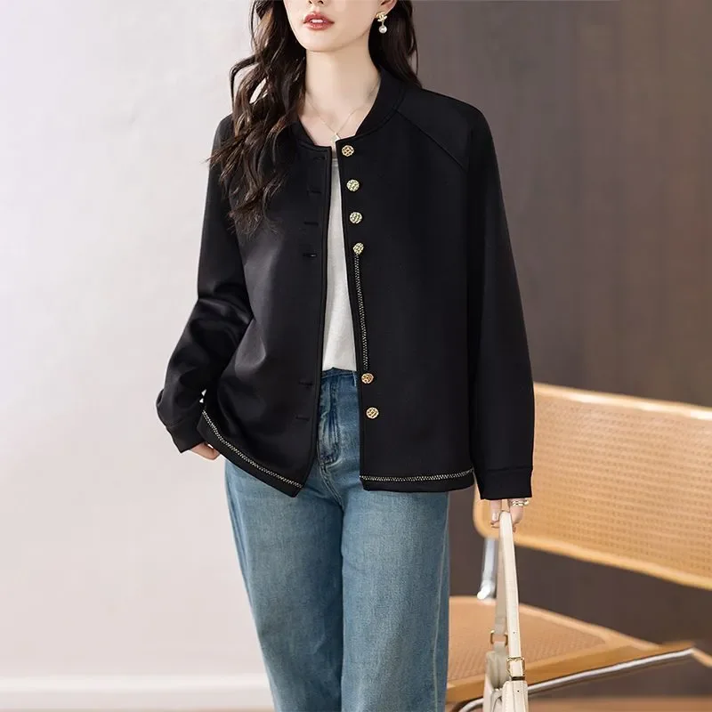 

Black Solid Color Button Long Sleeve Button Cardigan Baseball Uniform Jacket Women's Short Loose Top